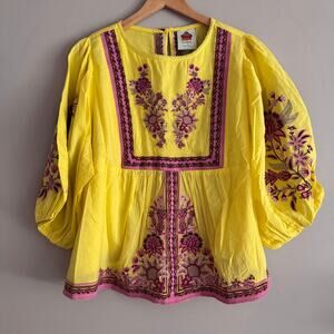 Farm Rio Yellow Garden Tapestry Embroidered Blouse Size XL